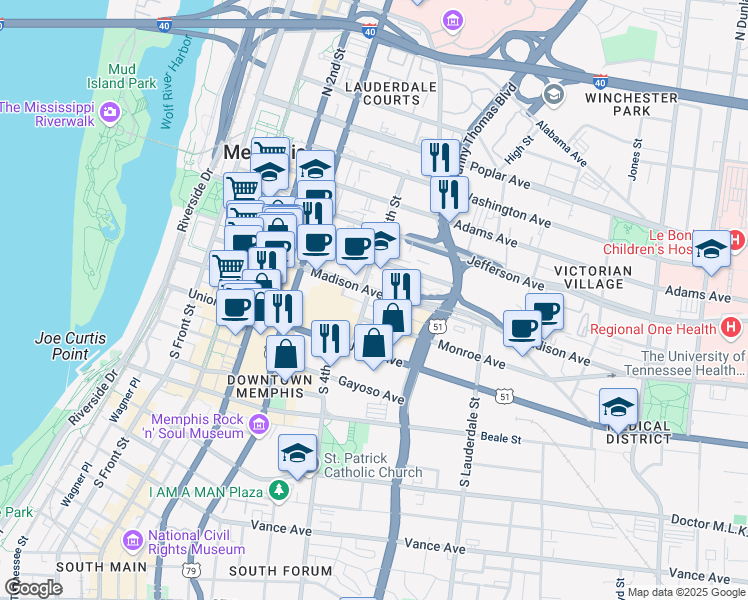 map of restaurants, bars, coffee shops, grocery stores, and more near 289 Madison Avenue in Memphis