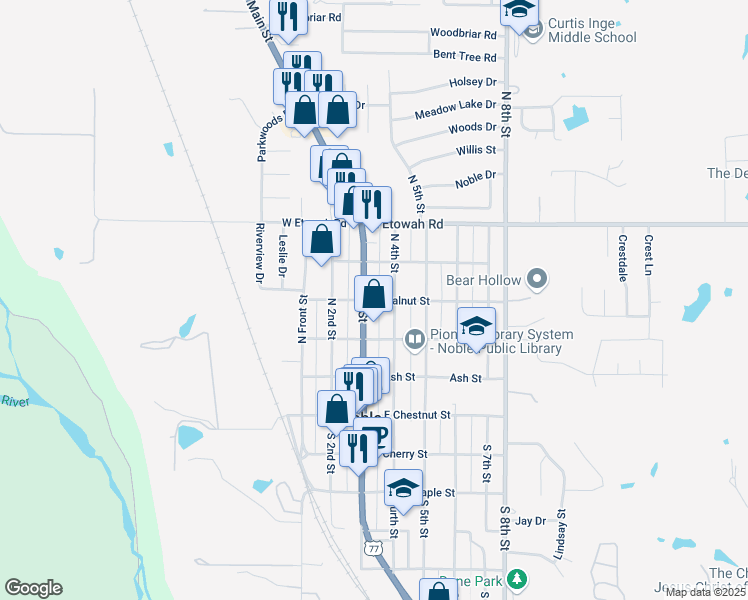 map of restaurants, bars, coffee shops, grocery stores, and more near 400 North 4th Street in Noble