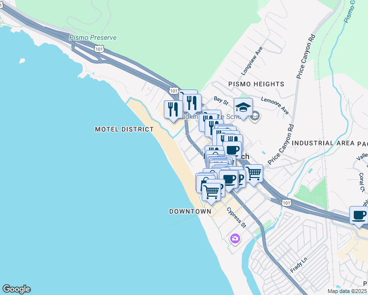 map of restaurants, bars, coffee shops, grocery stores, and more near 1240 Cypress Street in Pismo Beach