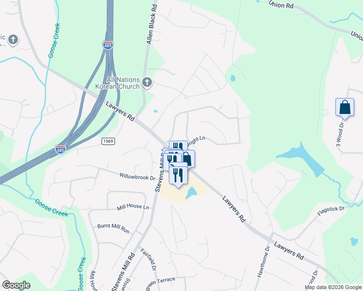 map of restaurants, bars, coffee shops, grocery stores, and more near 1015 Millwright Lane in Matthews