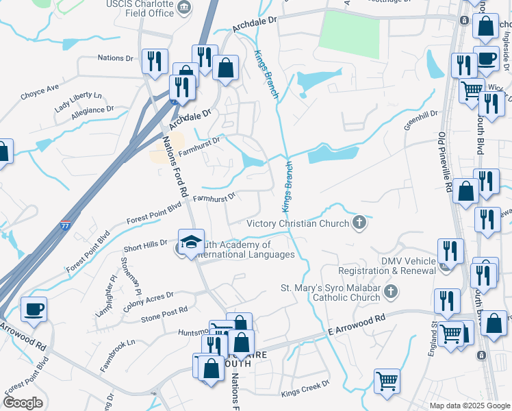map of restaurants, bars, coffee shops, grocery stores, and more near 409 Fairgreen Drive in Charlotte