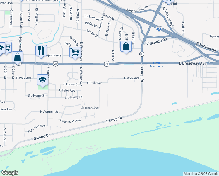map of restaurants, bars, coffee shops, grocery stores, and more near 204 South Ok Street in West Memphis