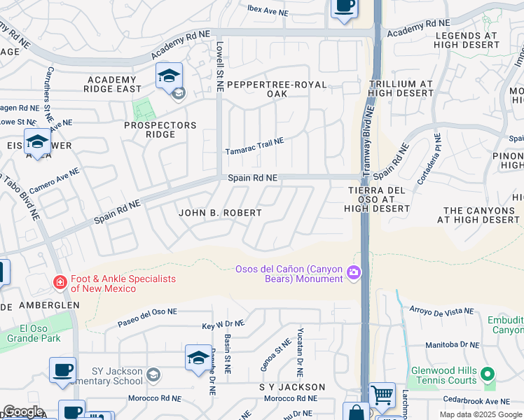 map of restaurants, bars, coffee shops, grocery stores, and more near 5500 Vía Conejo Northeast in Albuquerque