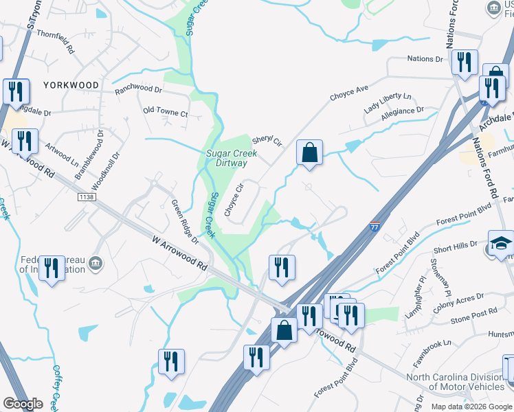 map of restaurants, bars, coffee shops, grocery stores, and more near 2026 Choyce Circle in Charlotte