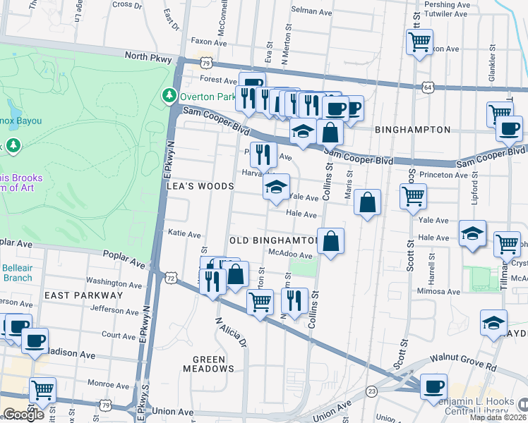 map of restaurants, bars, coffee shops, grocery stores, and more near 2516 Hale Avenue in Memphis