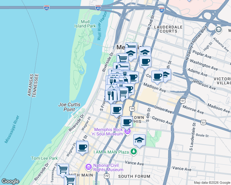 map of restaurants, bars, coffee shops, grocery stores, and more near 88 Union Avenue in Memphis