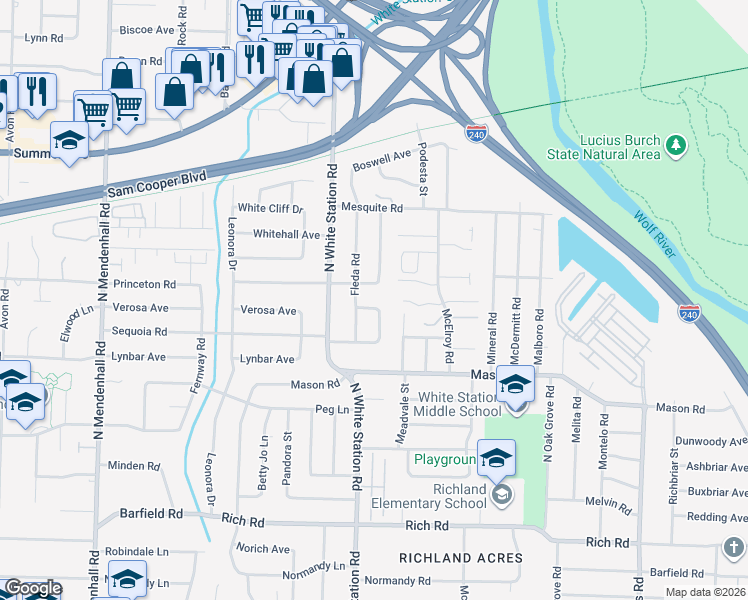 map of restaurants, bars, coffee shops, grocery stores, and more near 442 Rosser Road in Memphis
