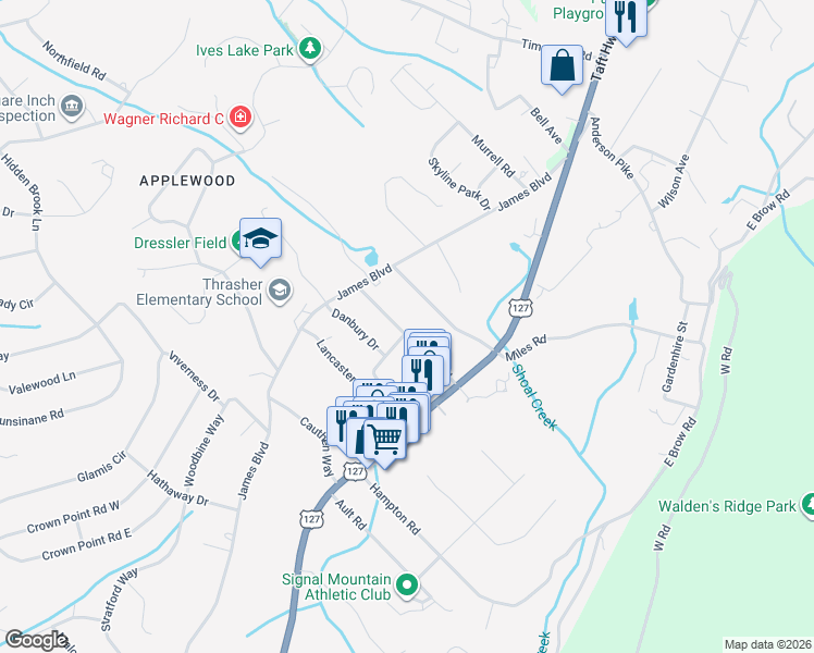 map of restaurants, bars, coffee shops, grocery stores, and more near 701 Albert Road in Signal Mountain
