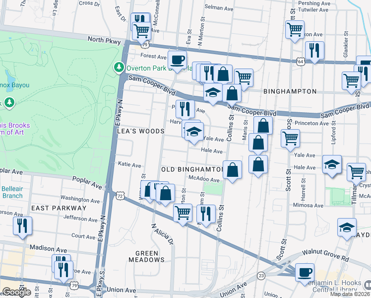 map of restaurants, bars, coffee shops, grocery stores, and more near 2516 Hale Avenue in Memphis