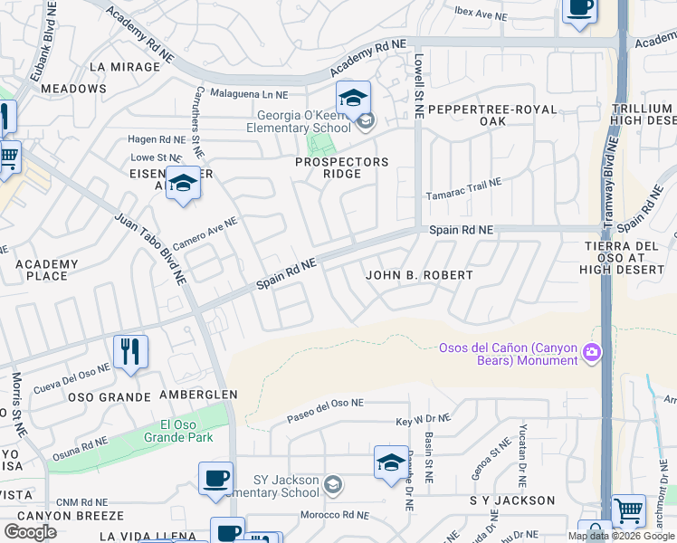 map of restaurants, bars, coffee shops, grocery stores, and more near 5419 Camino Montano Northeast in Albuquerque