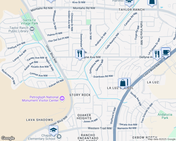 map of restaurants, bars, coffee shops, grocery stores, and more near 5123 Golondrina Northwest in Albuquerque