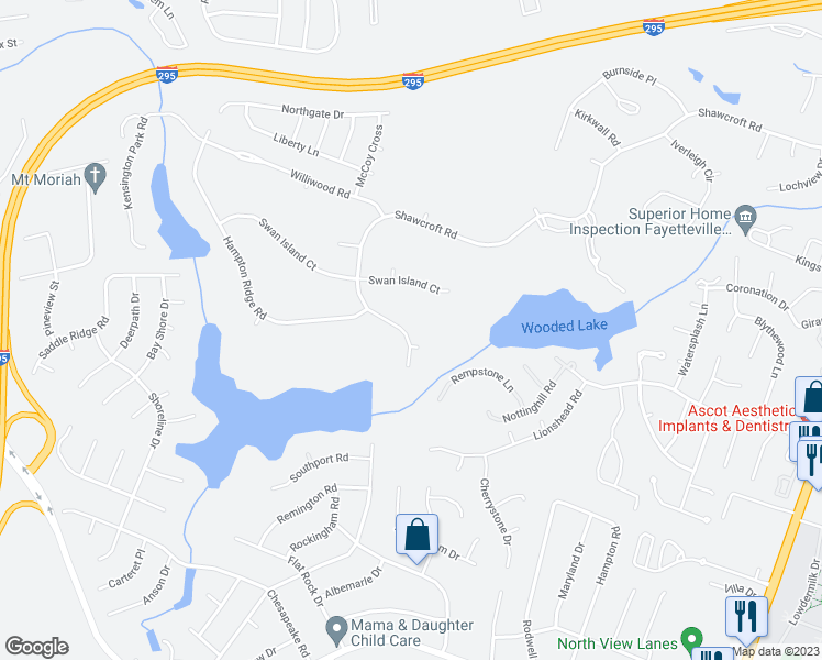 map of restaurants, bars, coffee shops, grocery stores, and more near 645 Little Bridge Road in Fayetteville