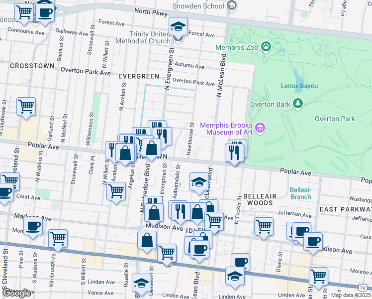 map of restaurants, bars, coffee shops, grocery stores, and more near 207 Hawthorne Street in Memphis