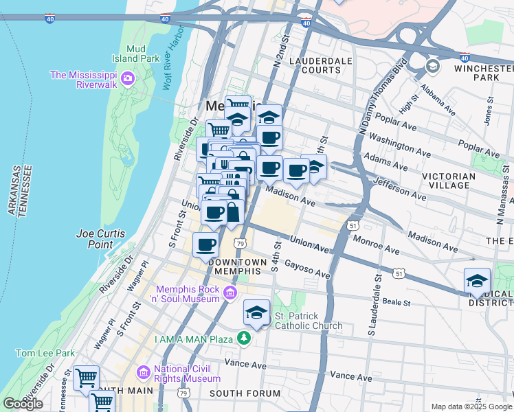 map of restaurants, bars, coffee shops, grocery stores, and more near 183 Monroe Avenue in Memphis