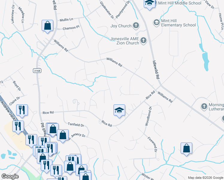 map of restaurants, bars, coffee shops, grocery stores, and more near 2454 Windsor Chase Drive in Matthews
