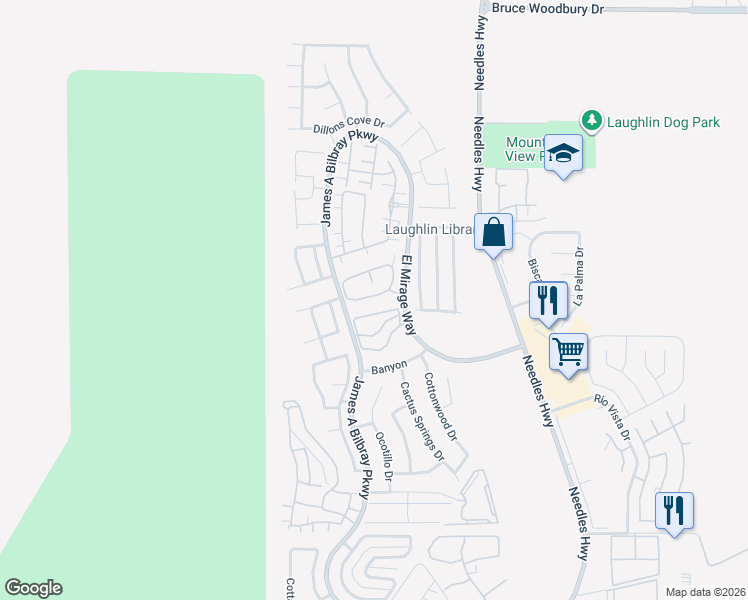 map of restaurants, bars, coffee shops, grocery stores, and more near 2211 Rugged Mesa Drive in Laughlin