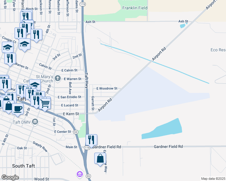 map of restaurants, bars, coffee shops, grocery stores, and more near 403 East Woodrow Street in Taft