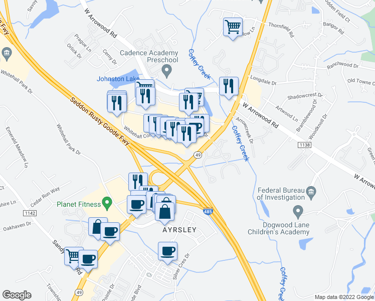 map of restaurants, bars, coffee shops, grocery stores, and more near 8140 South Tryon Street in Charlotte