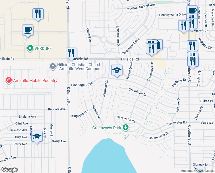 map of restaurants, bars, coffee shops, grocery stores, and more near 6301 Glenwood Drive in Amarillo