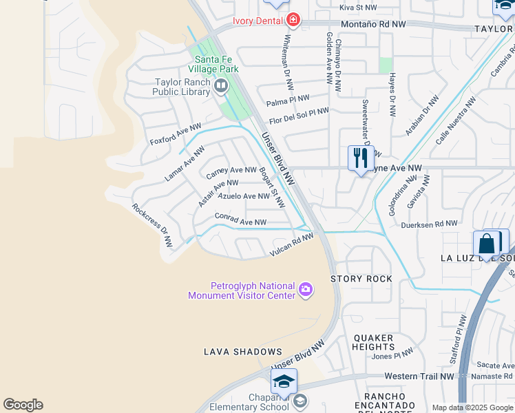map of restaurants, bars, coffee shops, grocery stores, and more near 6601 Flynn Avenue Northwest in Albuquerque