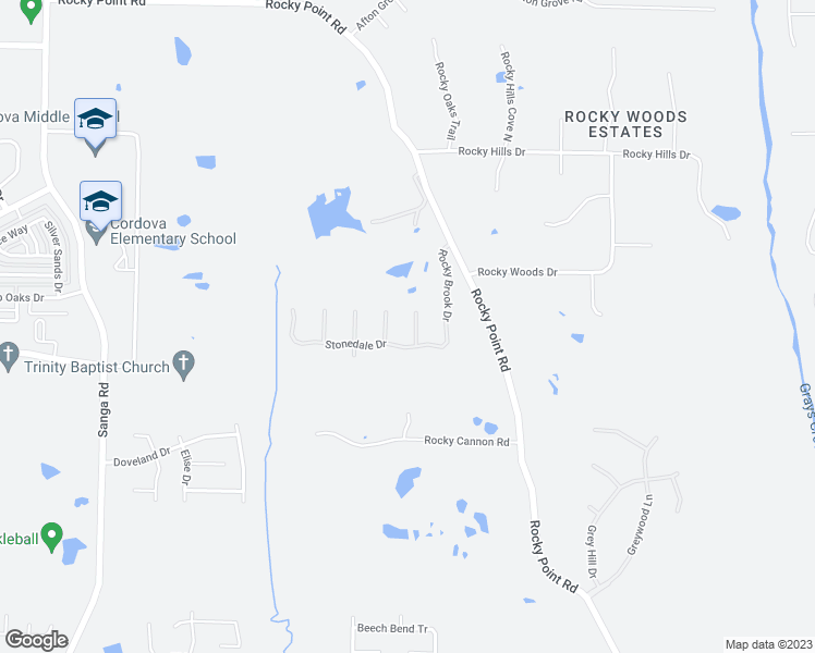 map of restaurants, bars, coffee shops, grocery stores, and more near 673 Rocky Brook Cove in Memphis