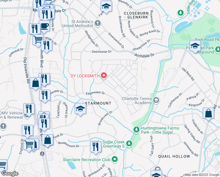 map of restaurants, bars, coffee shops, grocery stores, and more near 3738 Park South Station Boulevard in Charlotte