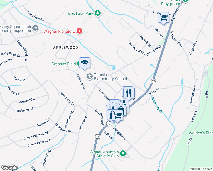 map of restaurants, bars, coffee shops, grocery stores, and more near 710 Danbury Drive in Signal Mountain
