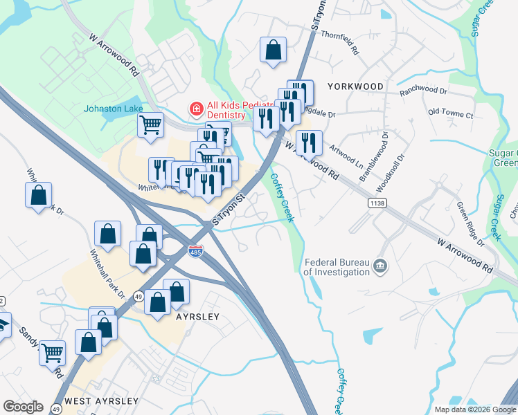 map of restaurants, bars, coffee shops, grocery stores, and more near 2208 Yager Creek Drive in Charlotte