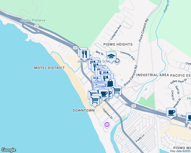 map of restaurants, bars, coffee shops, grocery stores, and more near in Pismo Beach