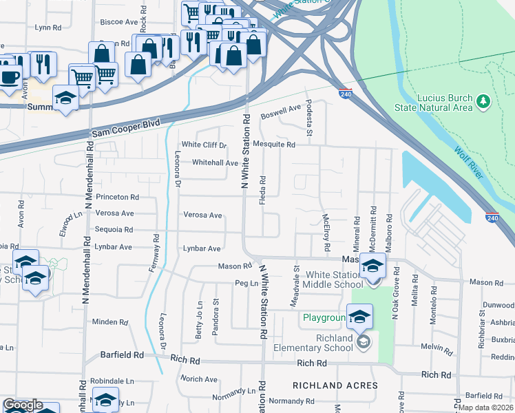 map of restaurants, bars, coffee shops, grocery stores, and more near 453 Fleda Road in Memphis