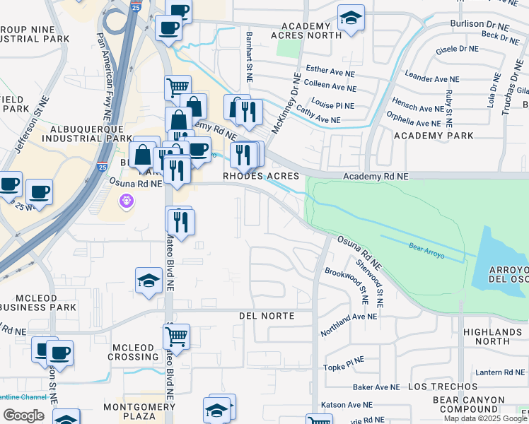 map of restaurants, bars, coffee shops, grocery stores, and more near 5109 La Fiesta Drive Northeast in Albuquerque