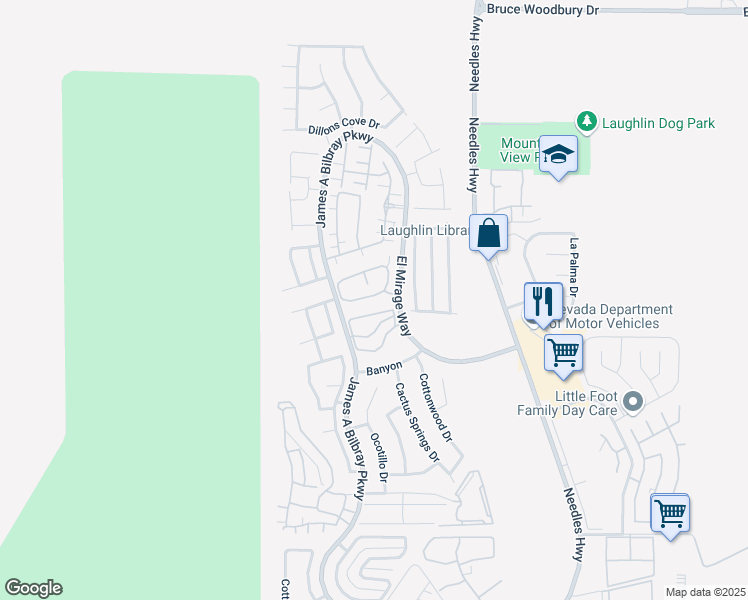 map of restaurants, bars, coffee shops, grocery stores, and more near 2211 Rugged Mesa Drive in Laughlin