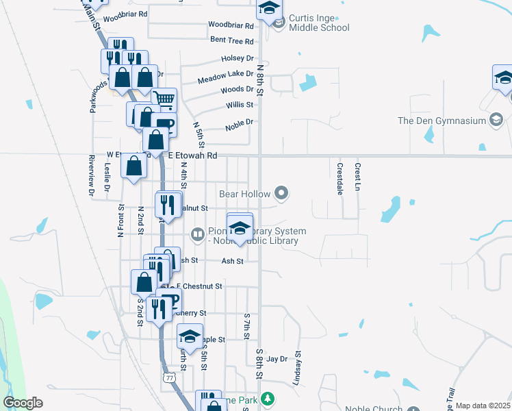 map of restaurants, bars, coffee shops, grocery stores, and more near 400 N 8th St in Noble