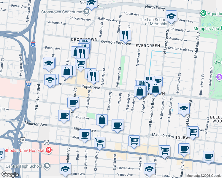 map of restaurants, bars, coffee shops, grocery stores, and more near in Memphis
