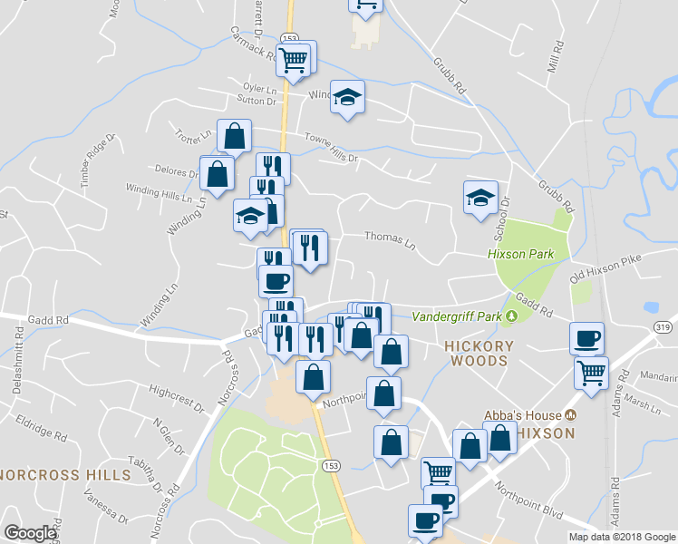 map of restaurants, bars, coffee shops, grocery stores, and more near 1108 Thomas Lane in Chattanooga