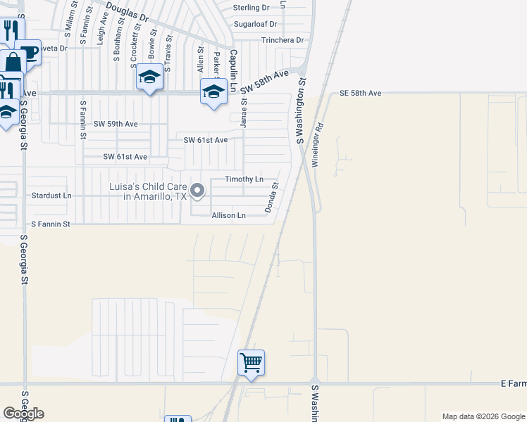 map of restaurants, bars, coffee shops, grocery stores, and more near 1400 Allison Lane in Amarillo
