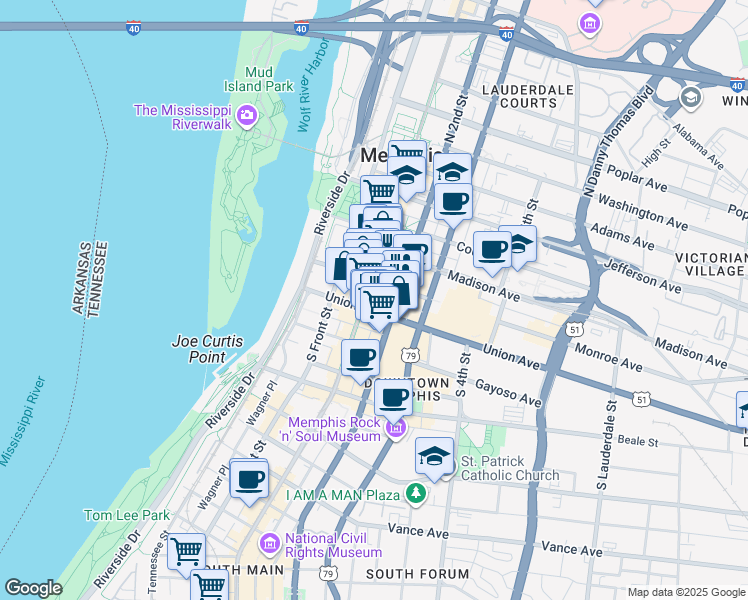 map of restaurants, bars, coffee shops, grocery stores, and more near in Memphis