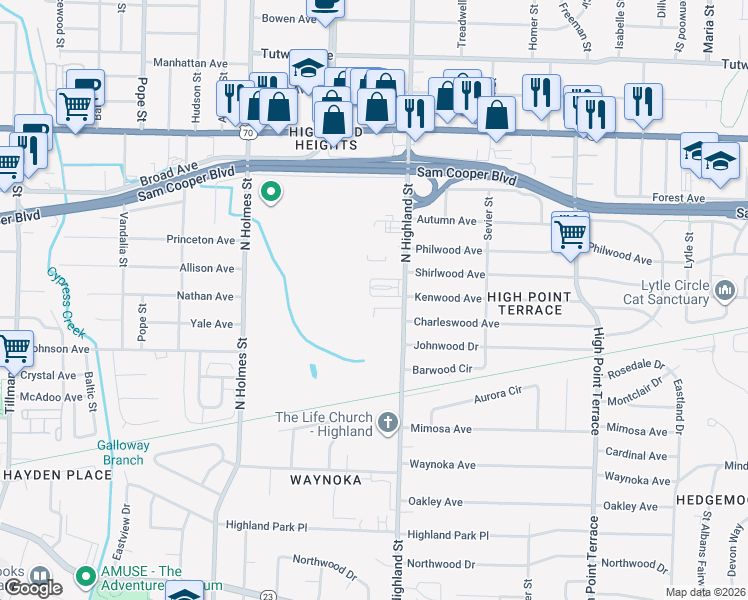 map of restaurants, bars, coffee shops, grocery stores, and more near 3448 Kel Creek Cove in Memphis