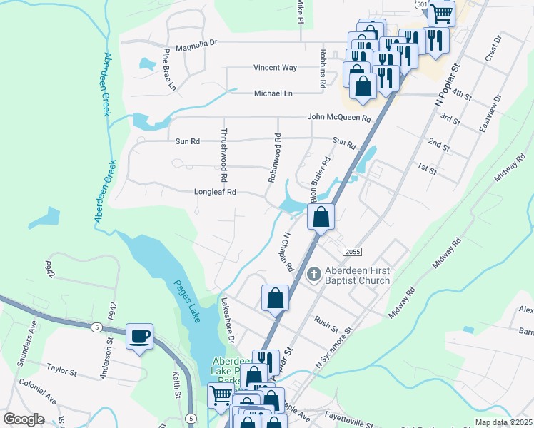 map of restaurants, bars, coffee shops, grocery stores, and more near 503 Longleaf Road in Aberdeen