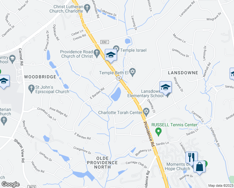 map of restaurants, bars, coffee shops, grocery stores, and more near 5114 Providence Road in Charlotte