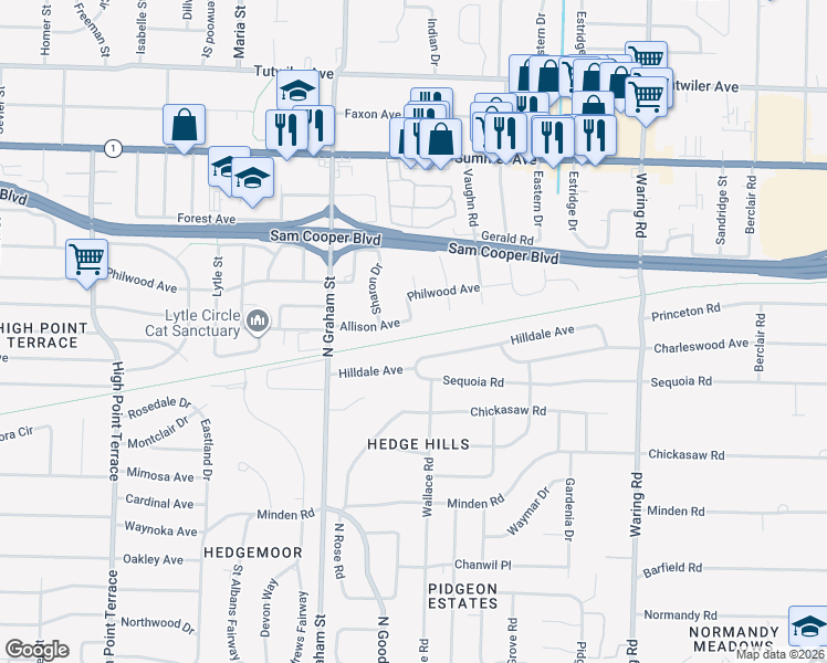 map of restaurants, bars, coffee shops, grocery stores, and more near 4053 Allison Avenue in Memphis