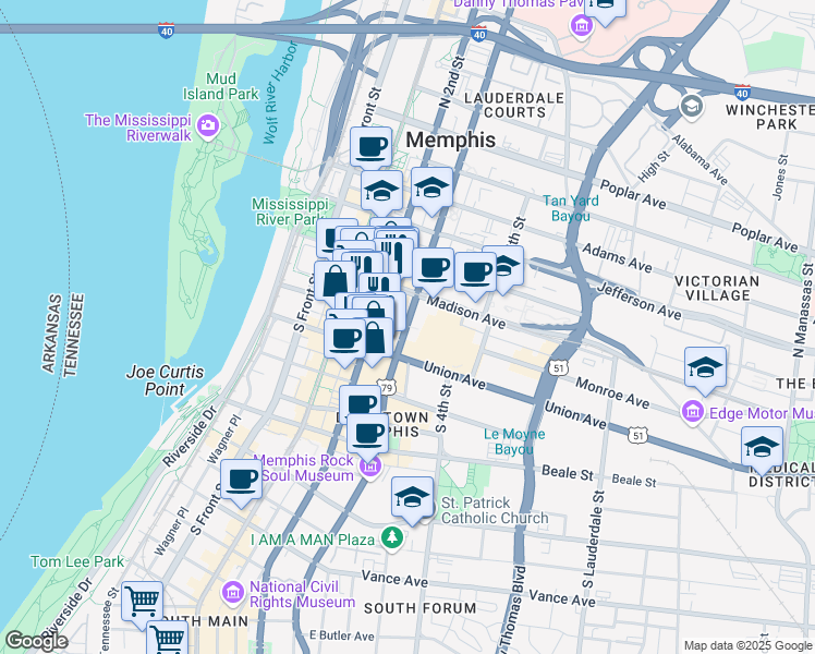 map of restaurants, bars, coffee shops, grocery stores, and more near 183 Monroe Avenue in Memphis