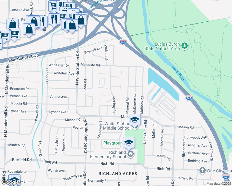 map of restaurants, bars, coffee shops, grocery stores, and more near 5370 East Maxima Cove in Memphis
