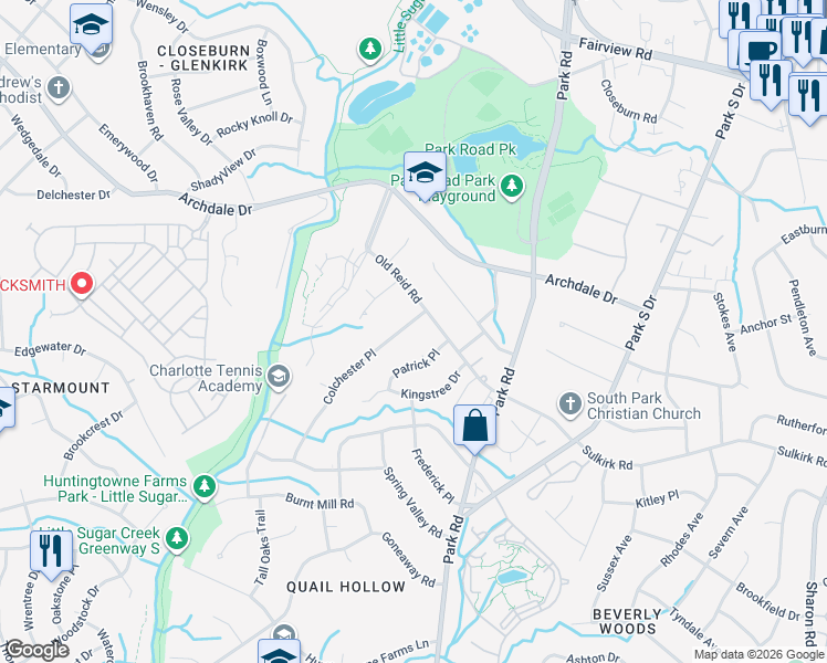map of restaurants, bars, coffee shops, grocery stores, and more near 5913 Colchester Place in Charlotte