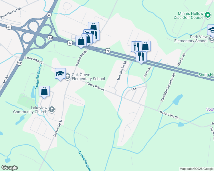 map of restaurants, bars, coffee shops, grocery stores, and more near 278 Meadow Ln SE in Cleveland