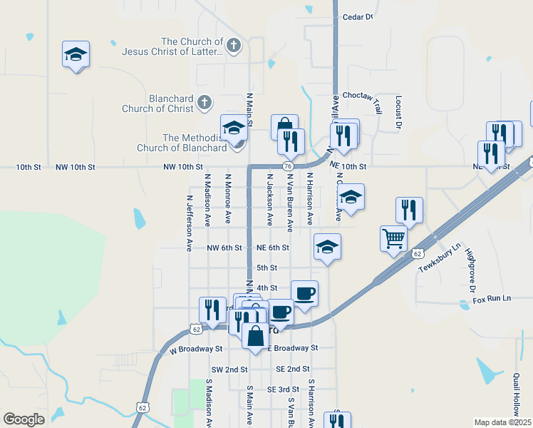 map of restaurants, bars, coffee shops, grocery stores, and more near 723 North Jackson Avenue in Blanchard