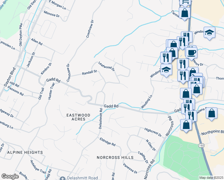 map of restaurants, bars, coffee shops, grocery stores, and more near 5421 May Circle in Chattanooga