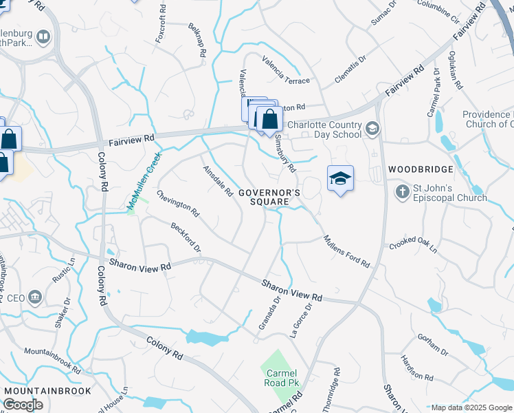 map of restaurants, bars, coffee shops, grocery stores, and more near 2427 Valencia Terrace in Charlotte
