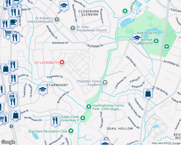 map of restaurants, bars, coffee shops, grocery stores, and more near 4250 Park South Station Boulevard in Charlotte