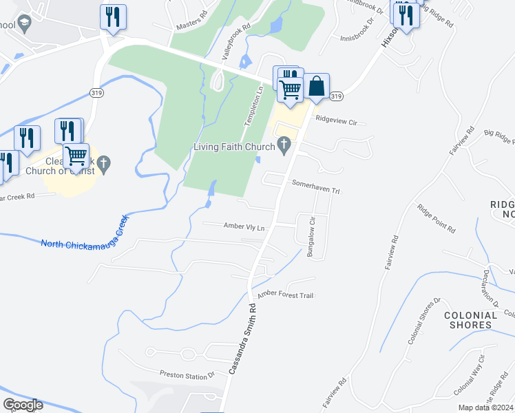map of restaurants, bars, coffee shops, grocery stores, and more near 5625 Cassandra Smith Road in Chattanooga